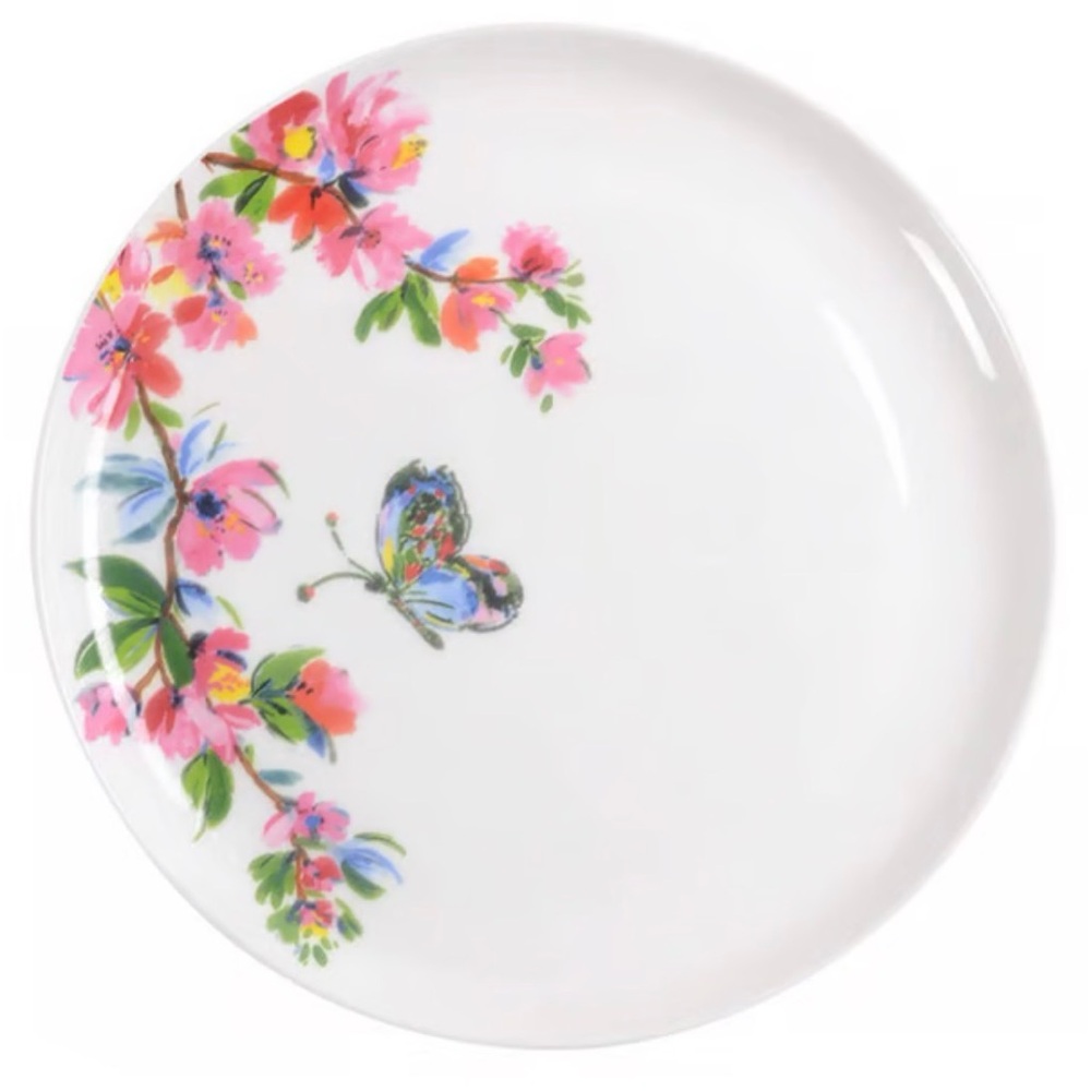 Mikasa White Dinner Plates with Pink & Green Floral & Blue Butterfly- 6 plates